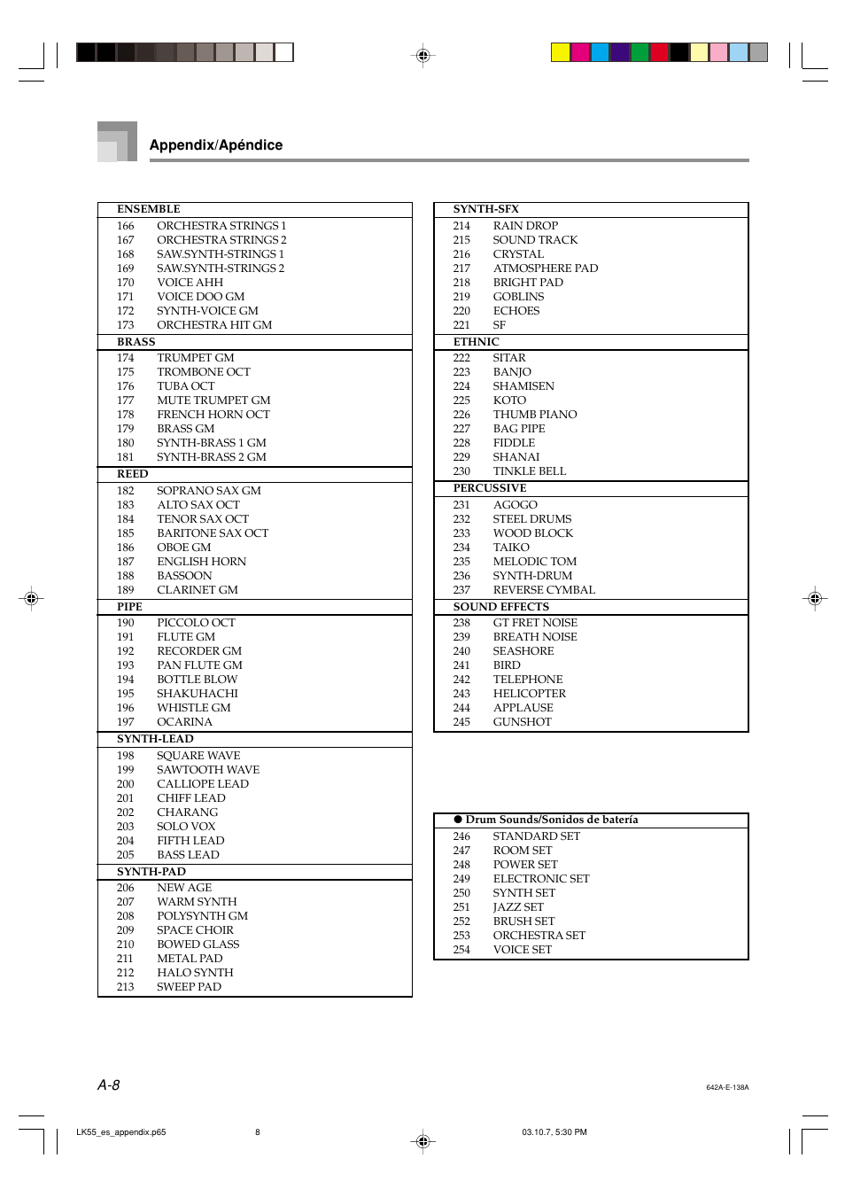 A-8 appendix/apéndice | Casio LK-56 User Manual | Page 73 / 83