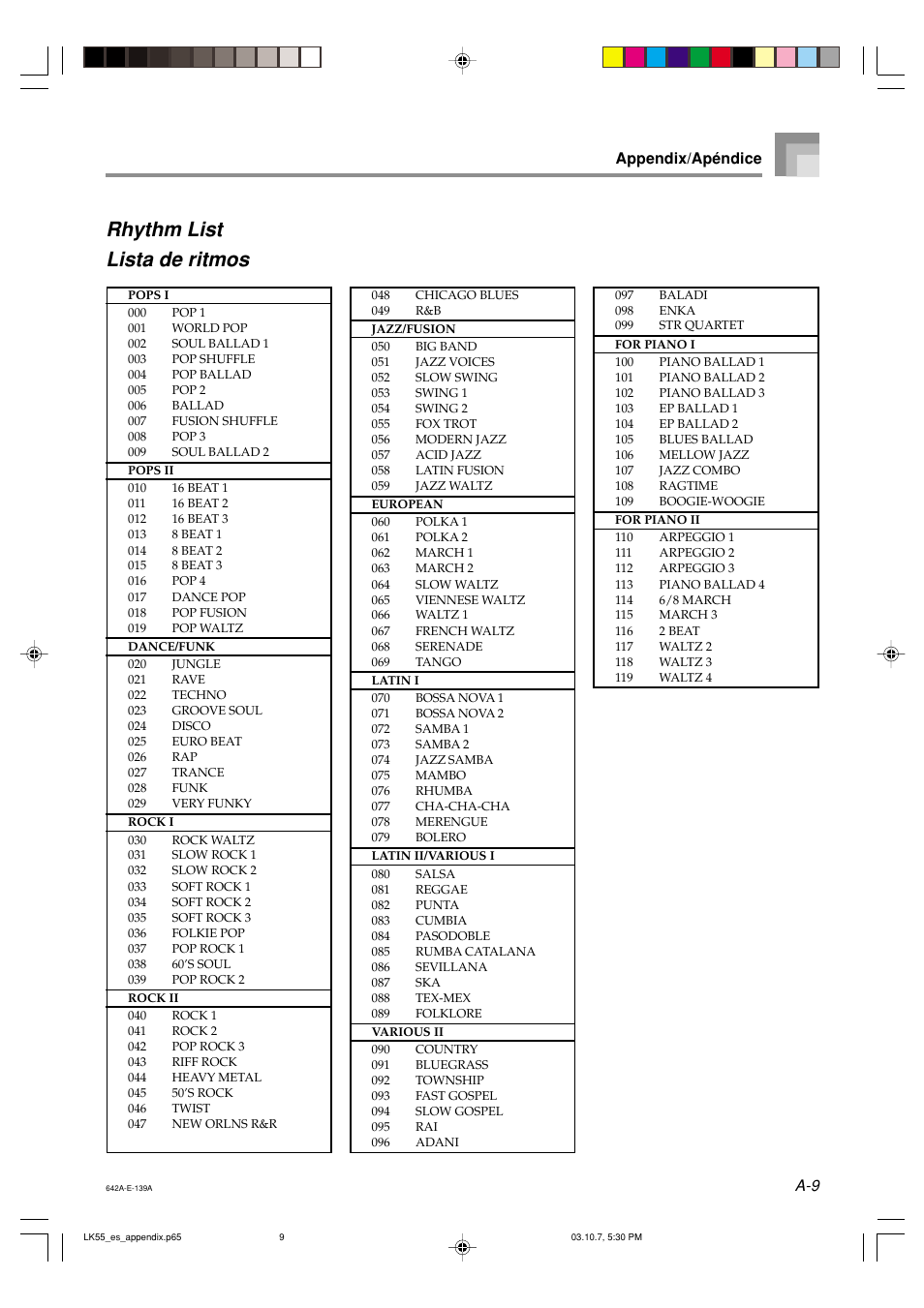 Rhythm list lista de ritmos, Appendix/apéndice | Casio LK-56 User Manual | Page 74 / 83