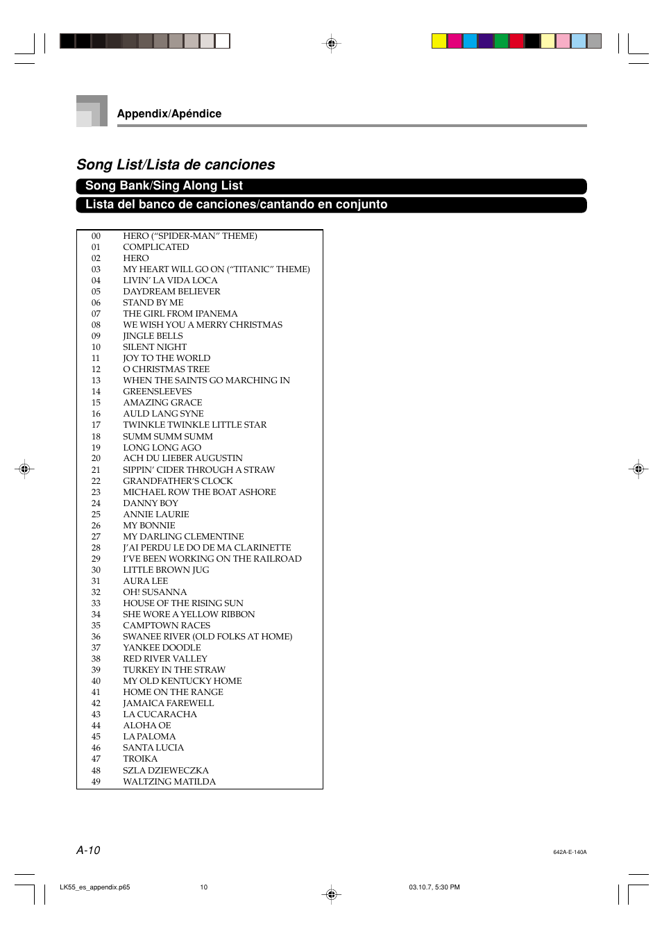 Song list/lista de canciones, A-10, Appendix/apéndice | Casio LK-56 User Manual | Page 75 / 83