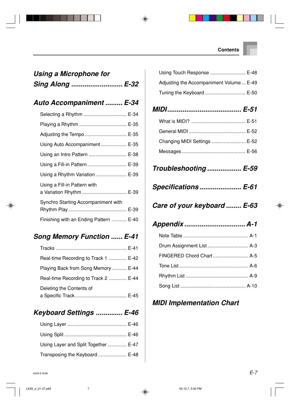 Keyboard settings .............. e-46, Midi ....................................... e-51, Midi implementation chart | Casio LK-56 User Manual | Page 9 / 83