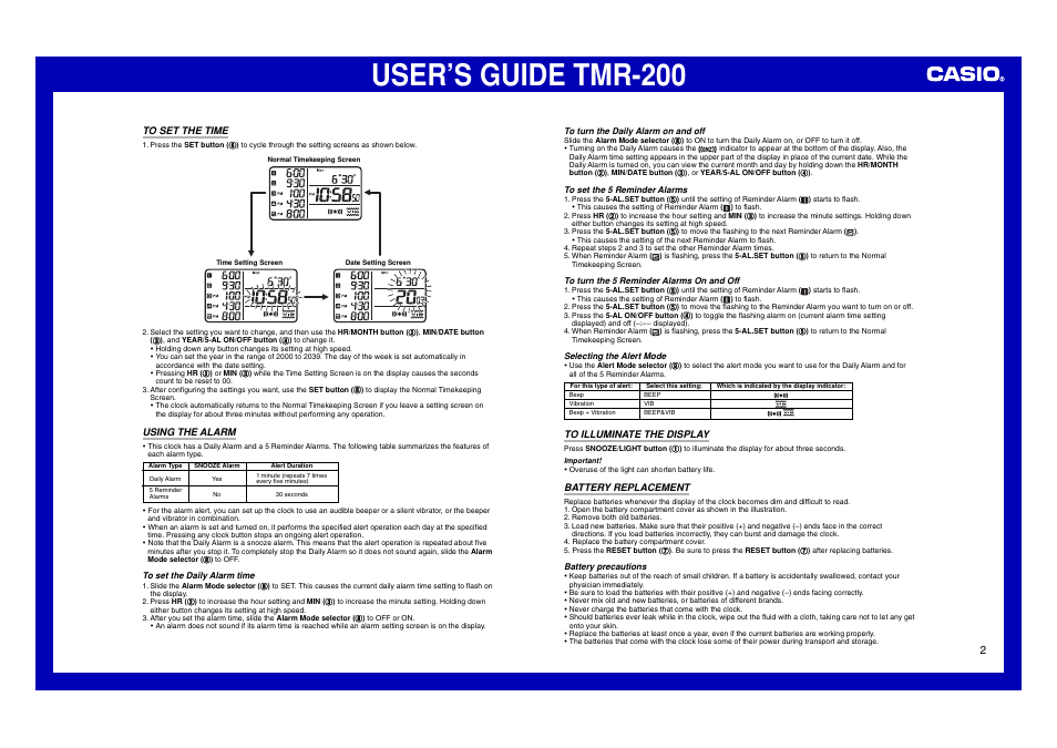 To set the time, Using the alarm, To illuminate the display | Battery replacement, User’s guide tmr-200 | Casio TMR-200 User Manual | Page 2 / 2