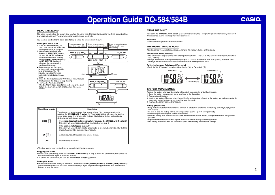 Using the alarm, Using the light, Thermometer functions | Battery replacement | Casio DQ-584B User Manual | Page 2 / 2