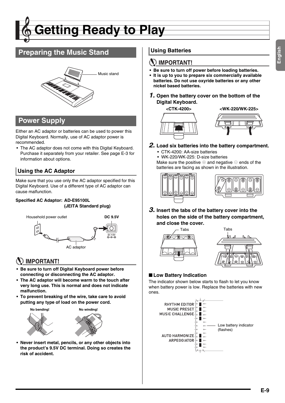 Getting ready to play, Preparing the music stand power supply | Casio WK220 User Manual | Page 11 / 77