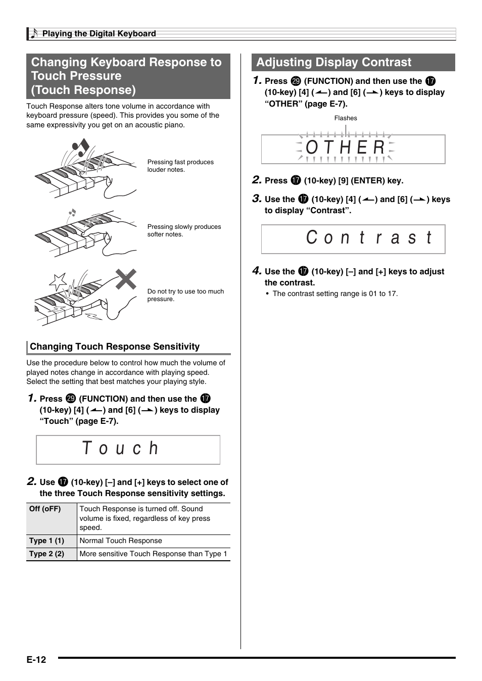 Adjusting display contrast | Casio WK220 User Manual | Page 14 / 77