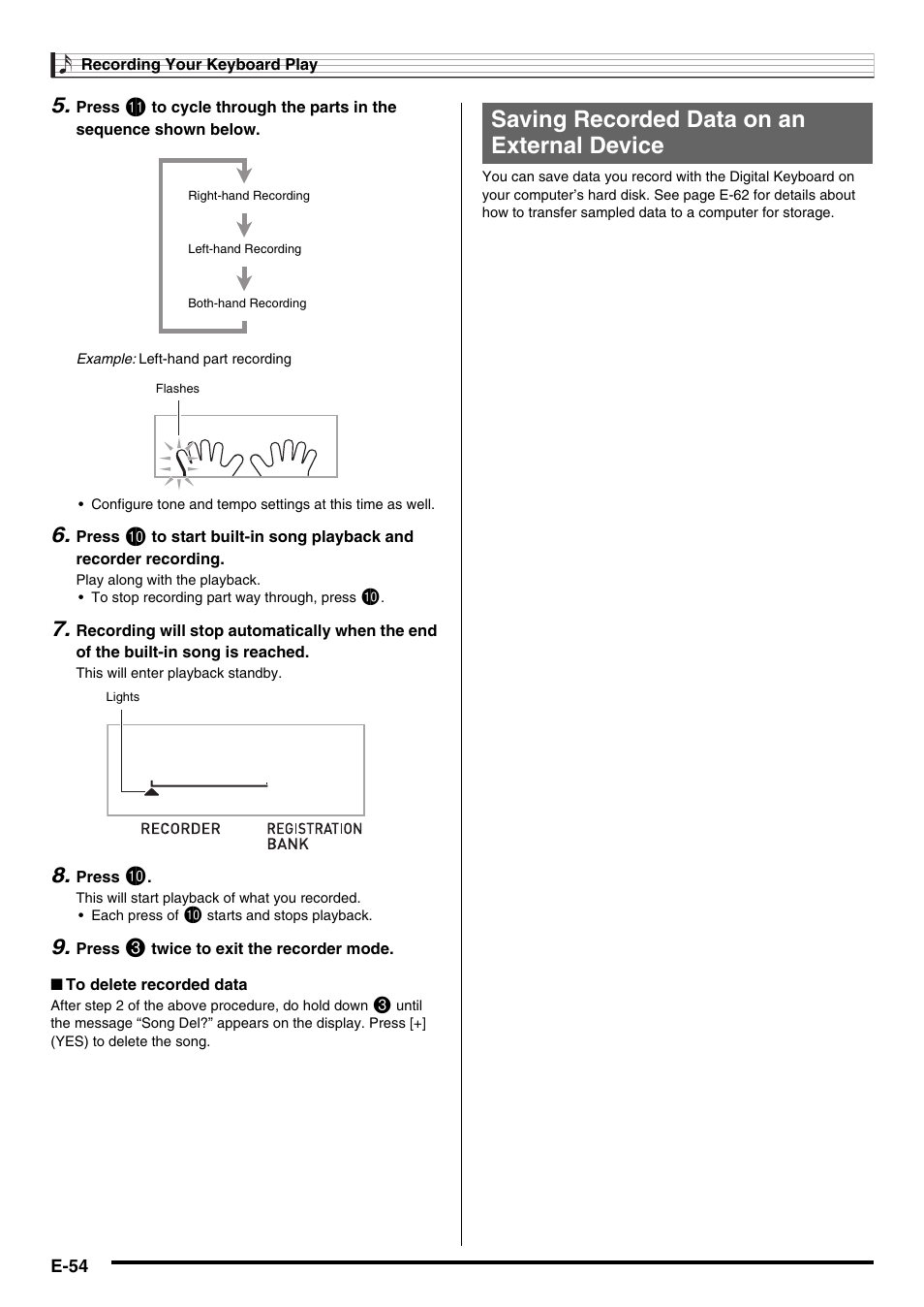 Saving recorded data on an external device | Casio WK220 User Manual | Page 56 / 77