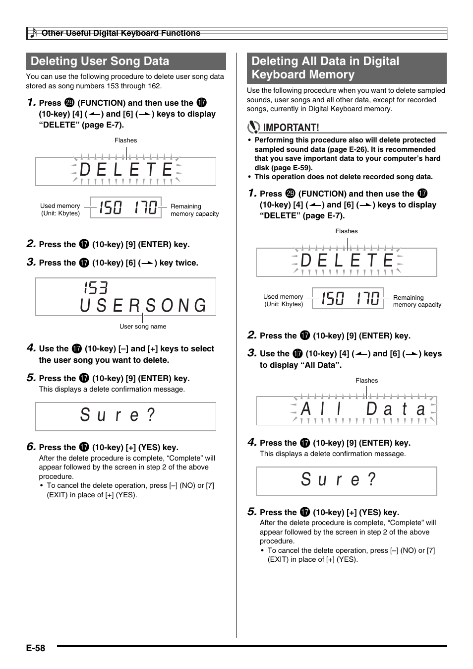 S u r e, Deleting user song data | Casio WK220 User Manual | Page 60 / 77