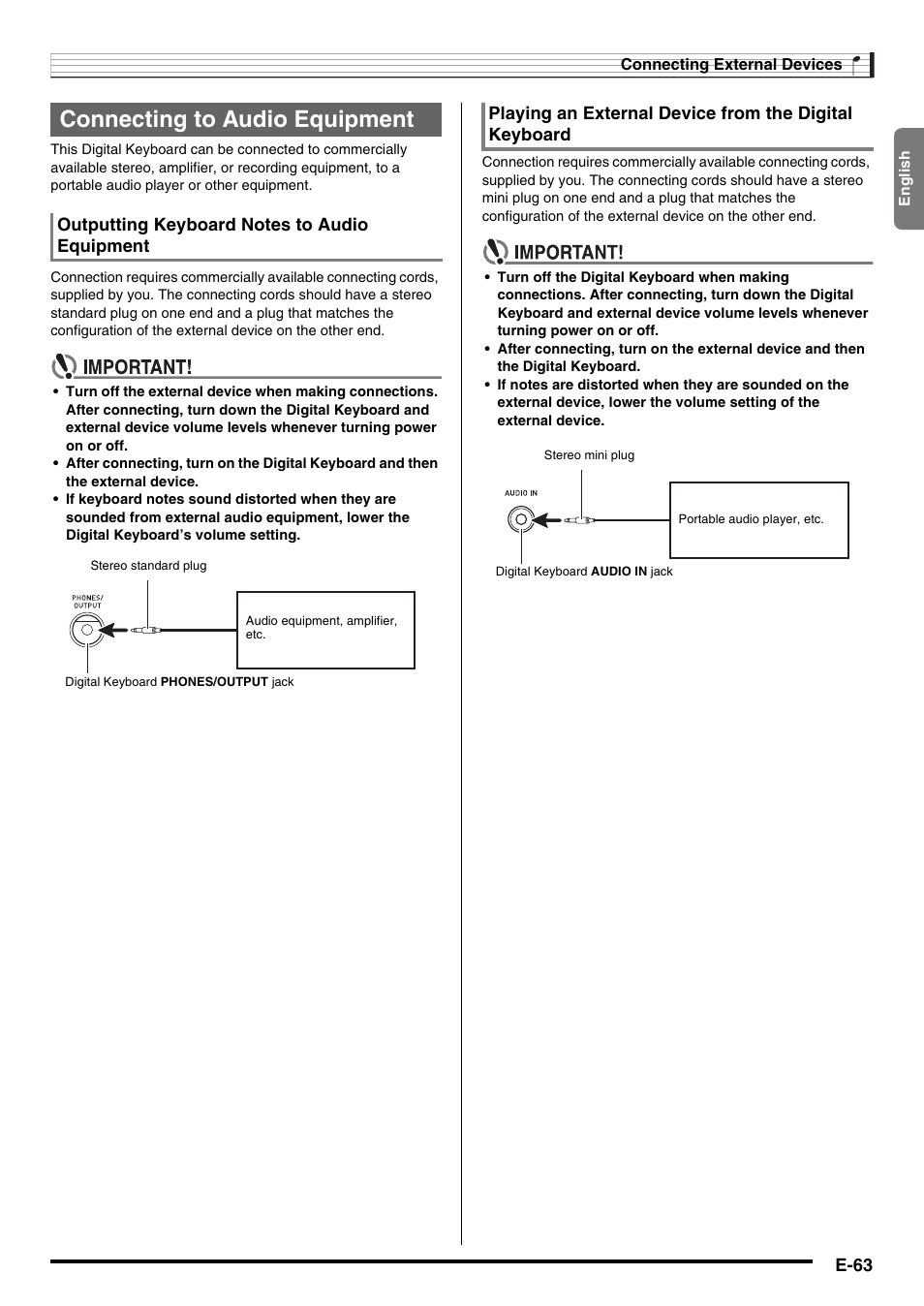 Connecting to audio equipment, E-63 | Casio WK220 User Manual | Page 65 / 77