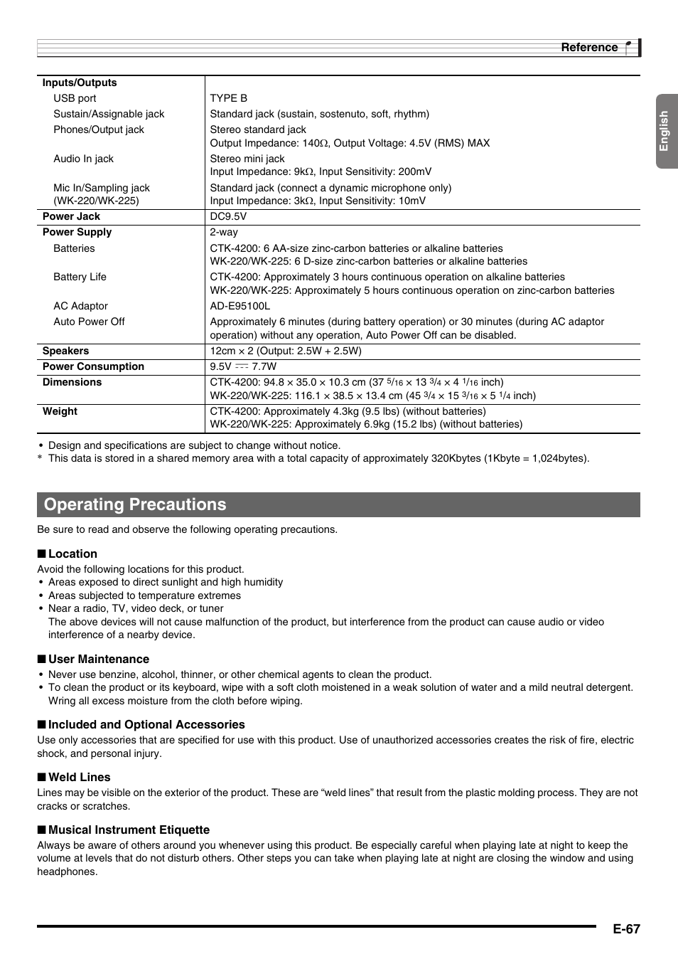 Operating precautions, E-67 | Casio WK220 User Manual | Page 69 / 77