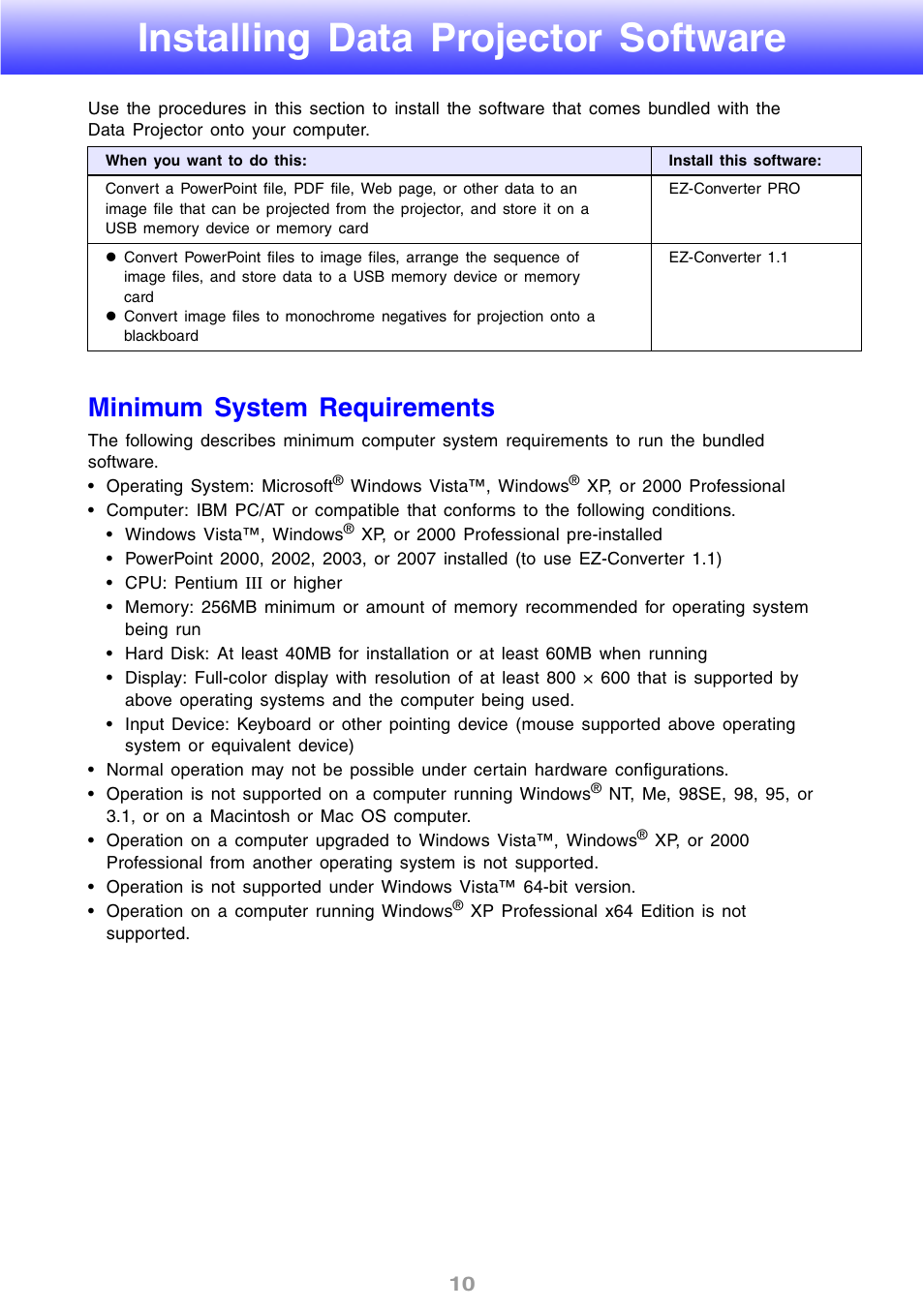 Installing data projector software, Minimum system requirements | Casio XJ-S46 User Manual | Page 10 / 61