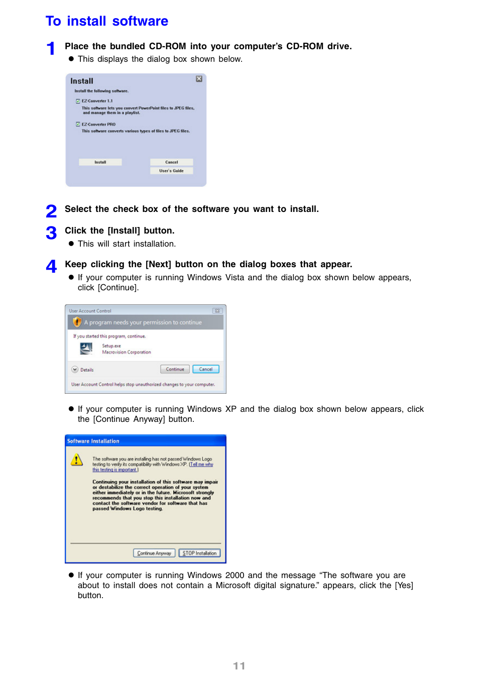 To install software | Casio XJ-S46 User Manual | Page 11 / 61