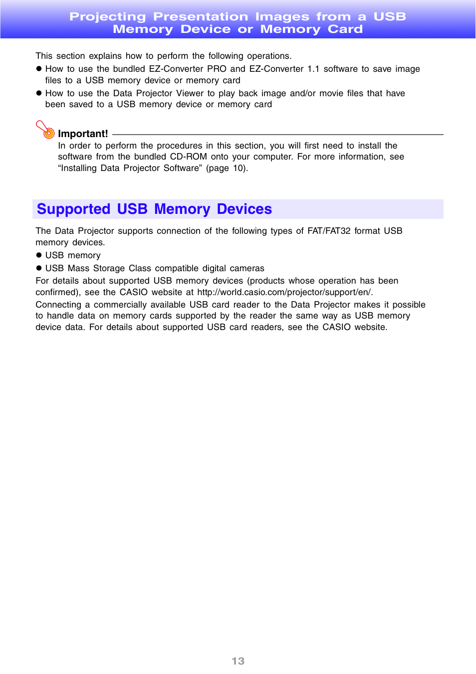 Supported usb memory devices | Casio XJ-S46 User Manual | Page 13 / 61