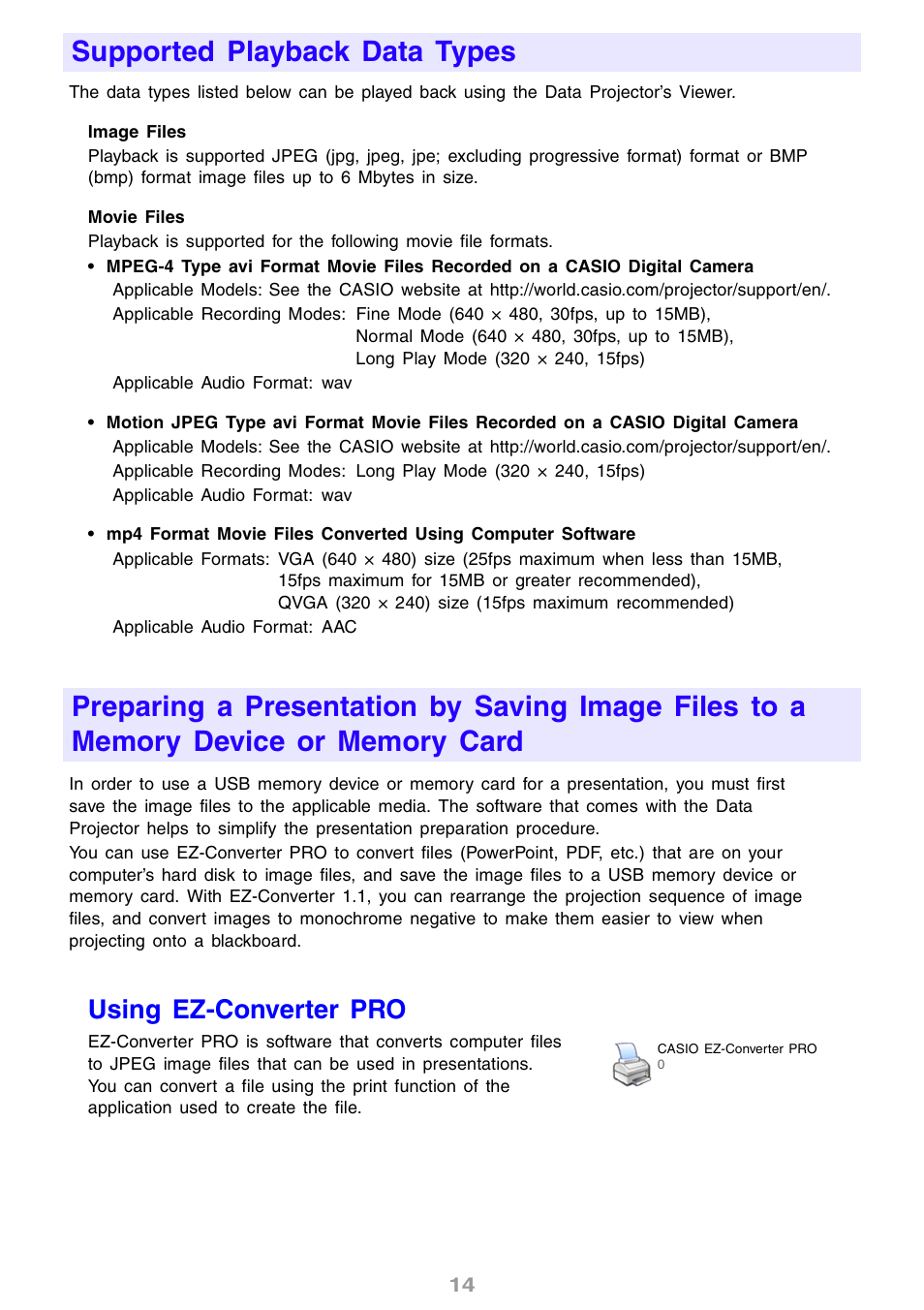 Supported playback data types, Using ez-converter pro, E 14 | Casio XJ-S46 User Manual | Page 14 / 61