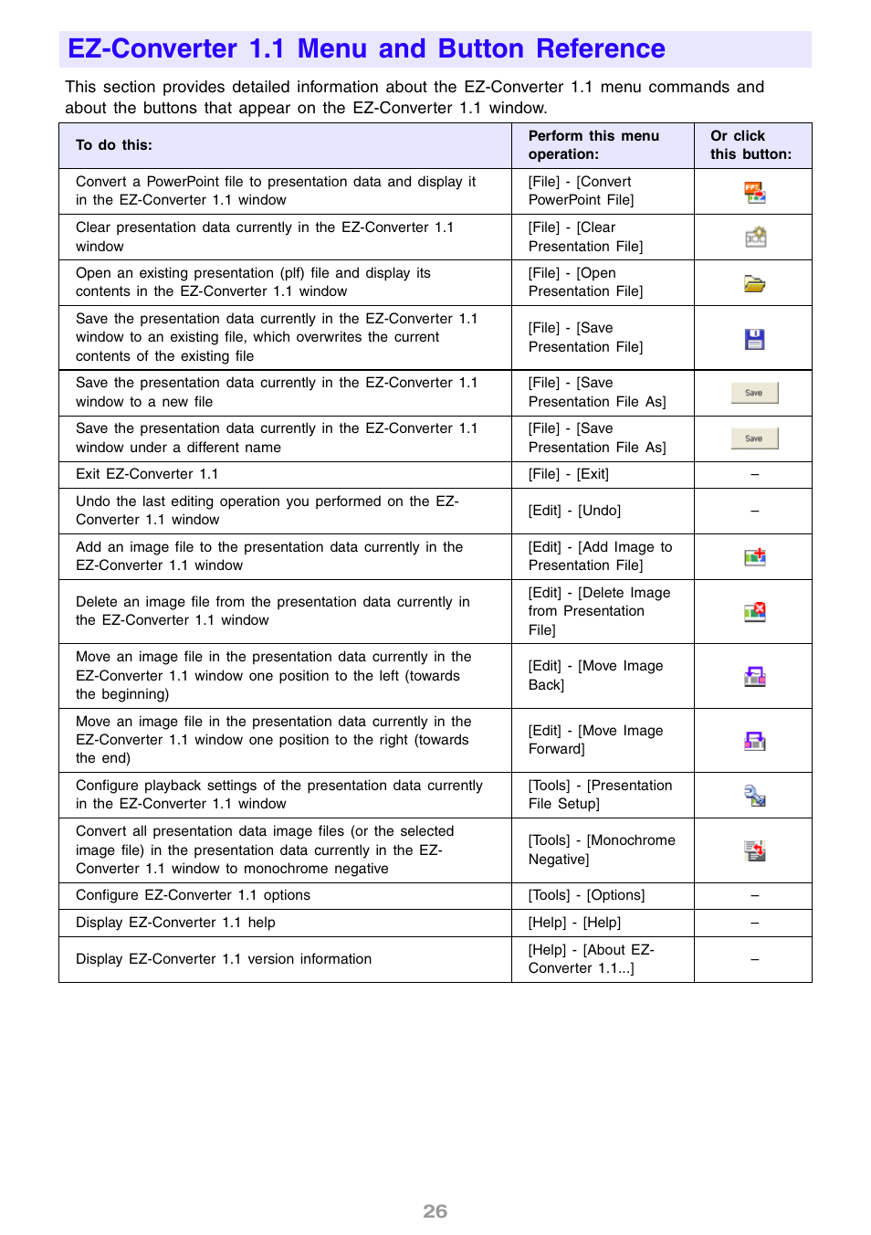 Ez-converter 1.1 menu and button reference | Casio XJ-S46 User Manual | Page 26 / 61