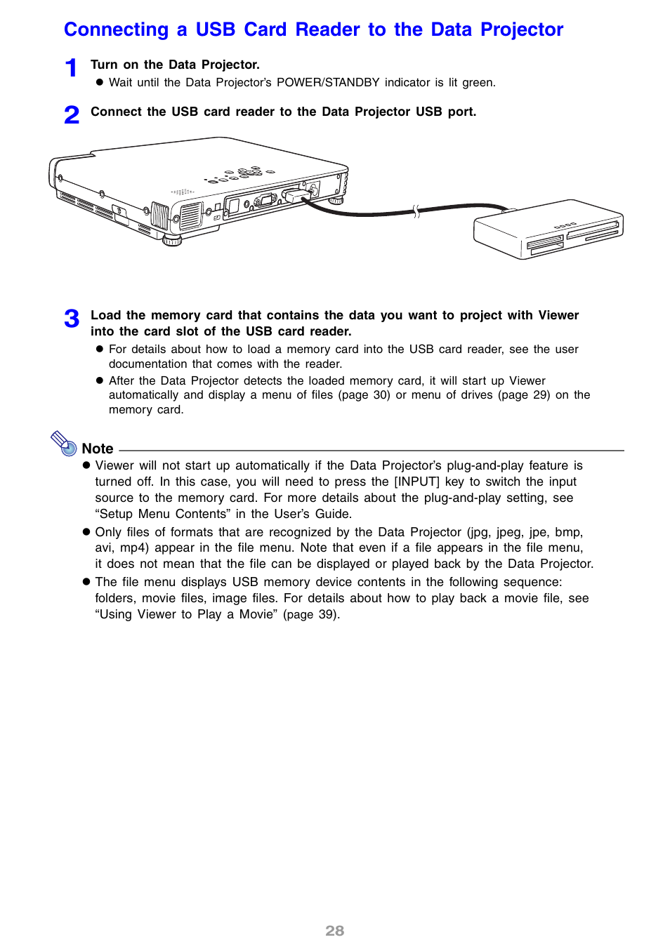 Connecting a usb card reader to the data projector | Casio XJ-S46 User Manual | Page 28 / 61
