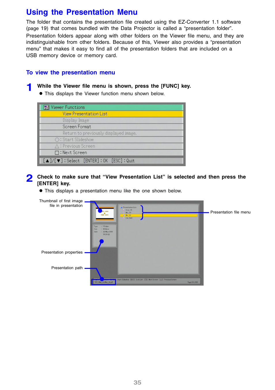 Using the presentation menu | Casio XJ-S46 User Manual | Page 35 / 61