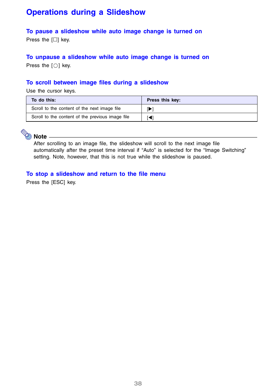 Operations during a slideshow, Ee “operations, During a slideshow | Casio XJ-S46 User Manual | Page 38 / 61