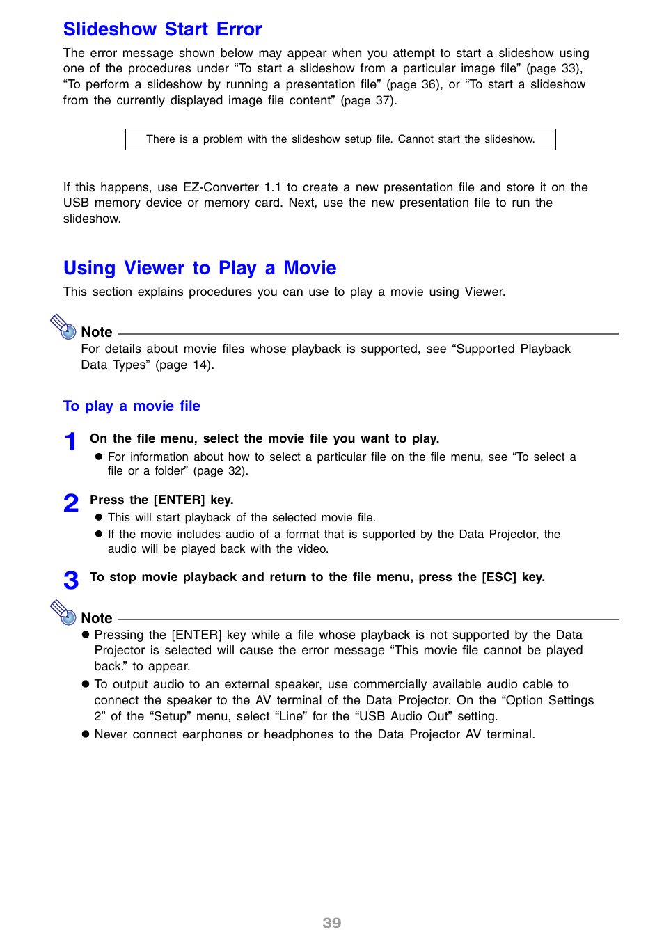 Slideshow start error, Using viewer to play a movie | Casio XJ-S46 User Manual | Page 39 / 61