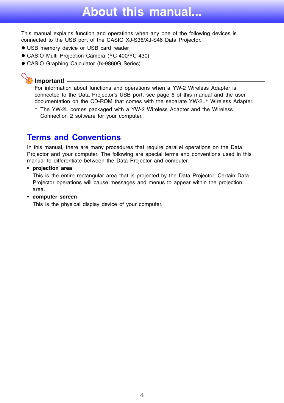 About this manual, Terms and conventions | Casio XJ-S46 User Manual | Page 4 / 61