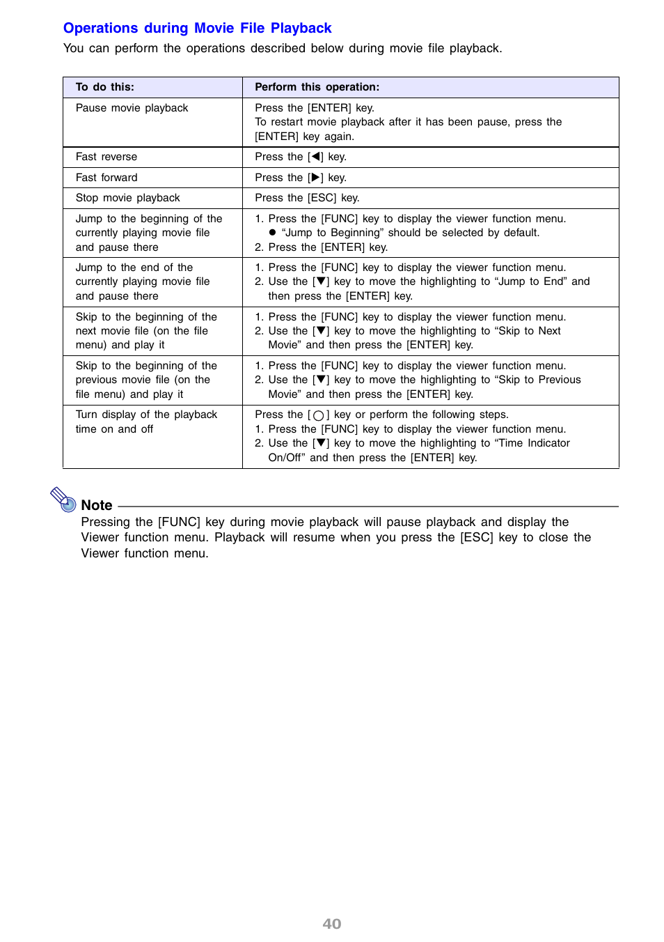 40 operations during movie file playback | Casio XJ-S46 User Manual | Page 40 / 61