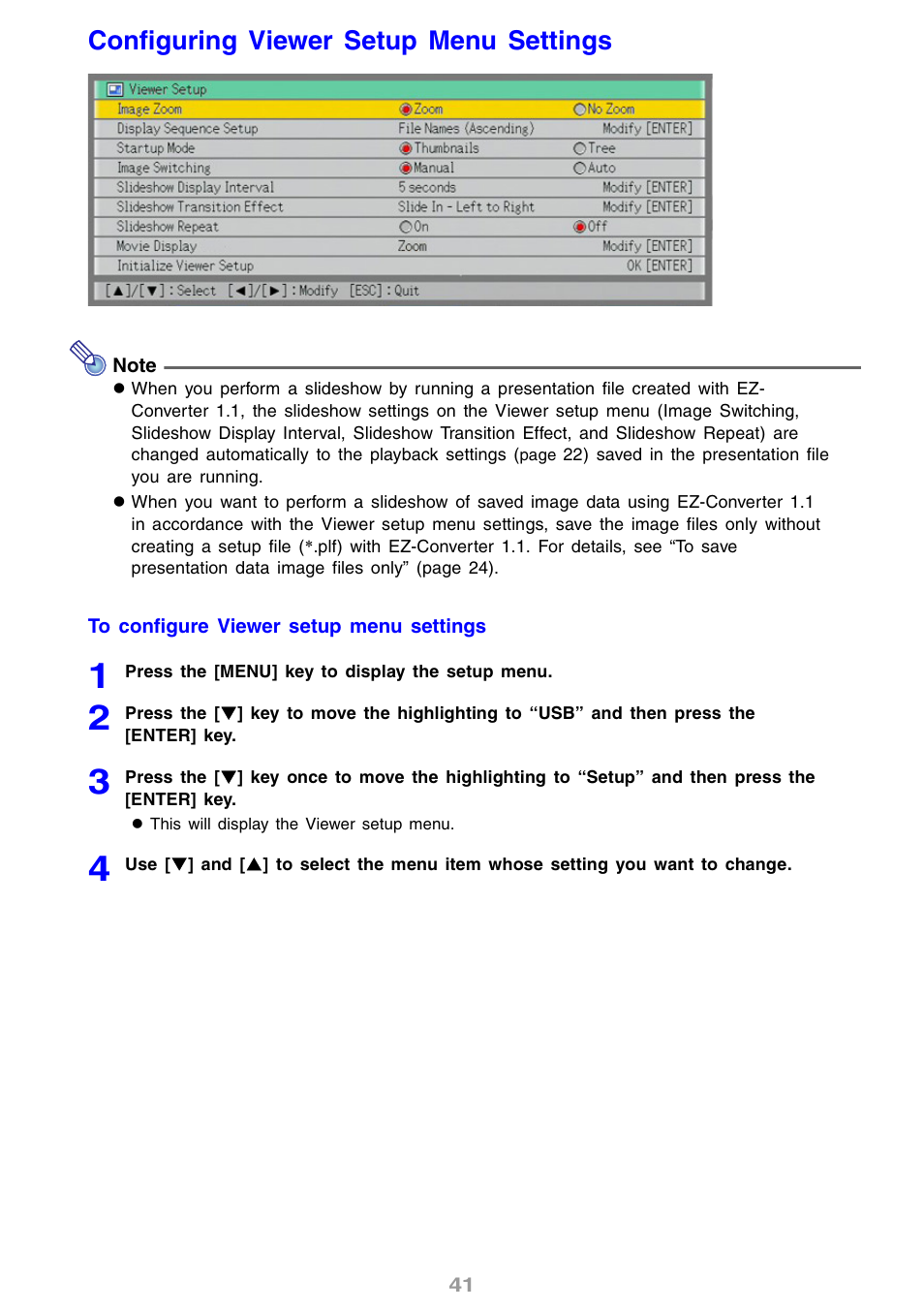 Configuring viewer setup menu settings, See “configuring viewer setup menu settings | Casio XJ-S46 User Manual | Page 41 / 61