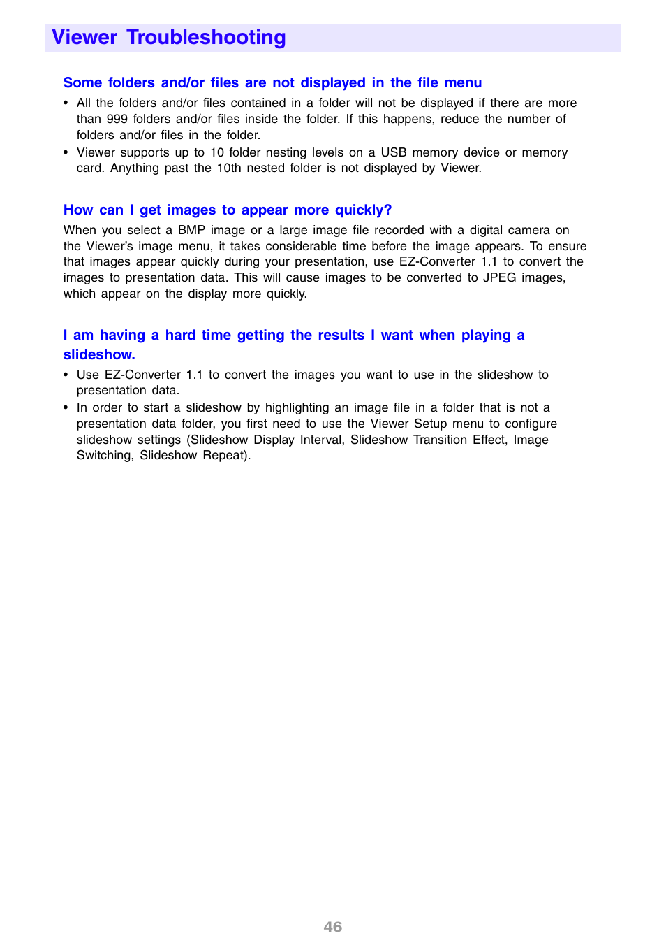 Viewer troubleshooting | Casio XJ-S46 User Manual | Page 46 / 61
