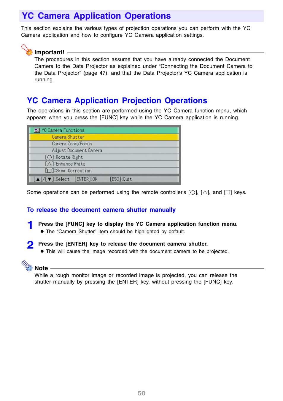 Yc camera application operations, Yc camera application projection operations | Casio XJ-S46 User Manual | Page 50 / 61
