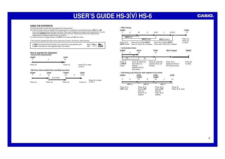 Using the stopwatch, User’s guide hs-3(v) hs-6, Engli | Casio HS-6 User Manual | Page 2 / 2