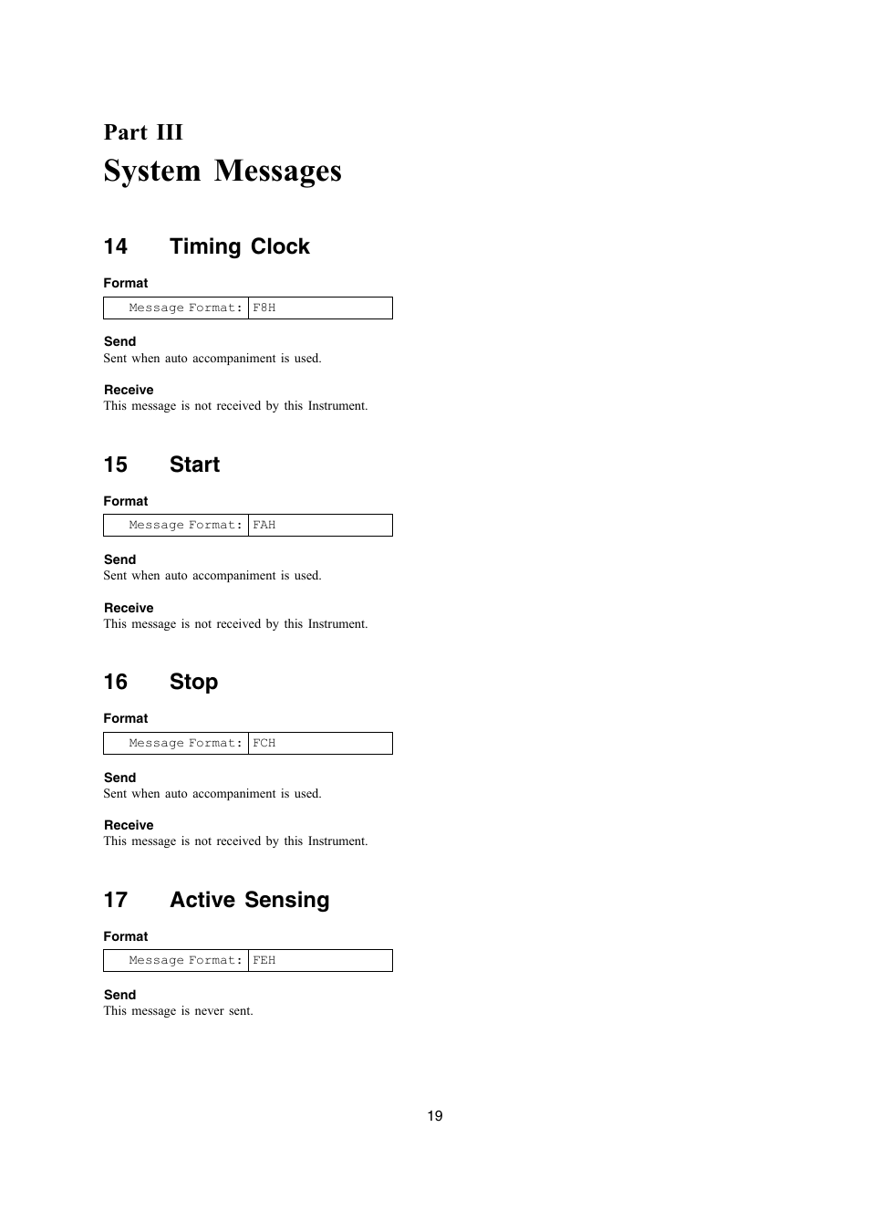 System messages, Part iii, 14 timing clock | 15 start, 16 stop, 17 active sensing | Casio LK-270 User Manual | Page 19 / 46
