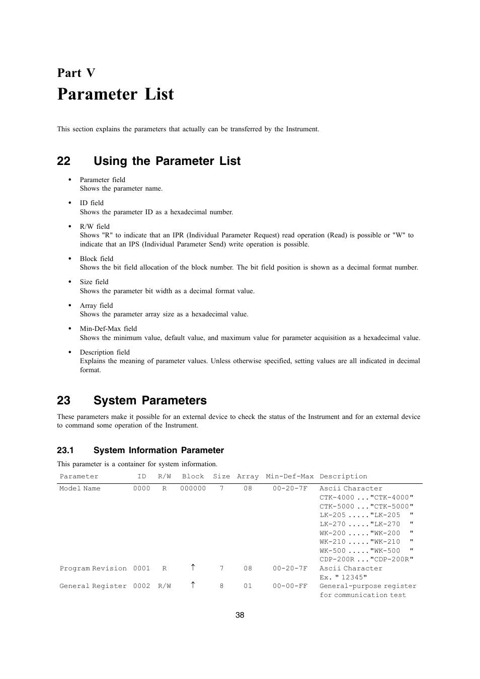 Parameter list, Part v, 22 using the parameter list | 23 system parameters | Casio LK-270 User Manual | Page 38 / 46
