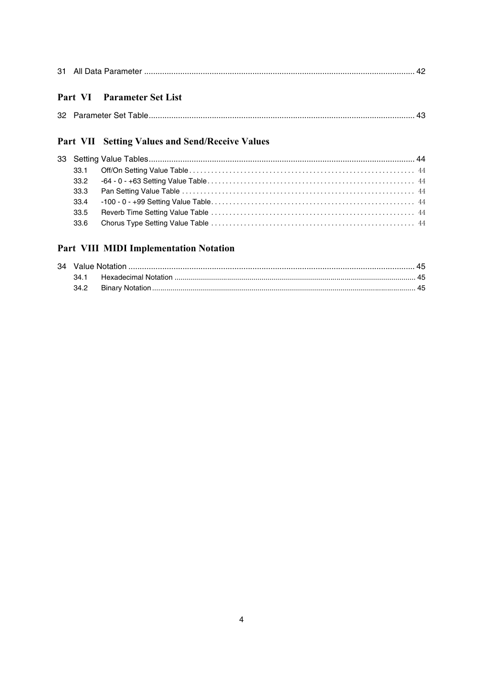 Part vi parameter set list, Part vii setting values and send/receive values, Part viii midi implementation notation | Casio LK-270 User Manual | Page 4 / 46