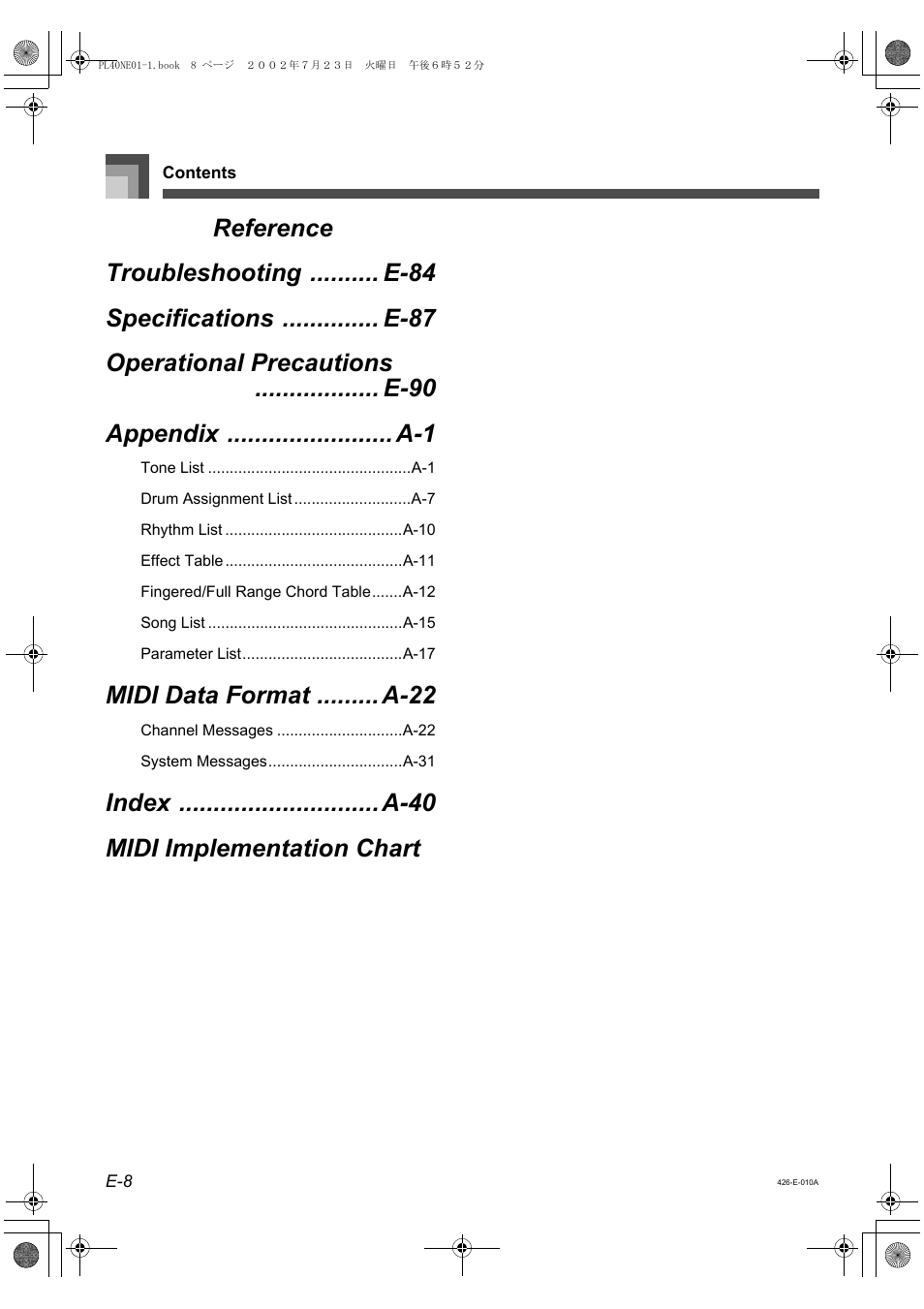 Midi data format .........a-22 | Casio PL-40R User Manual | Page 10 / 34