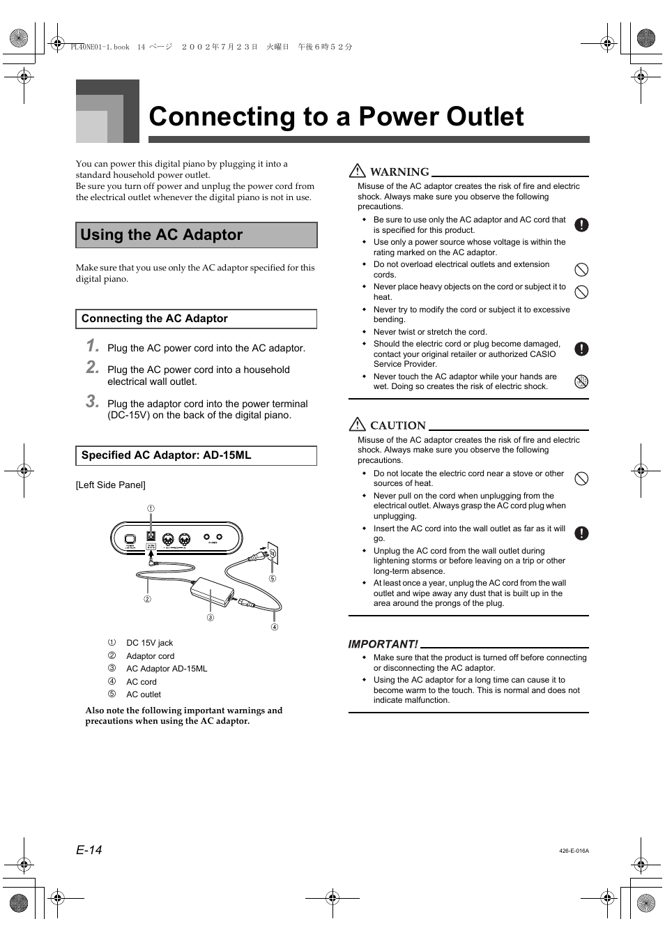Connecting to a power outlet, Using the ac adaptor, E-14 | Casio PL-40R User Manual | Page 16 / 34