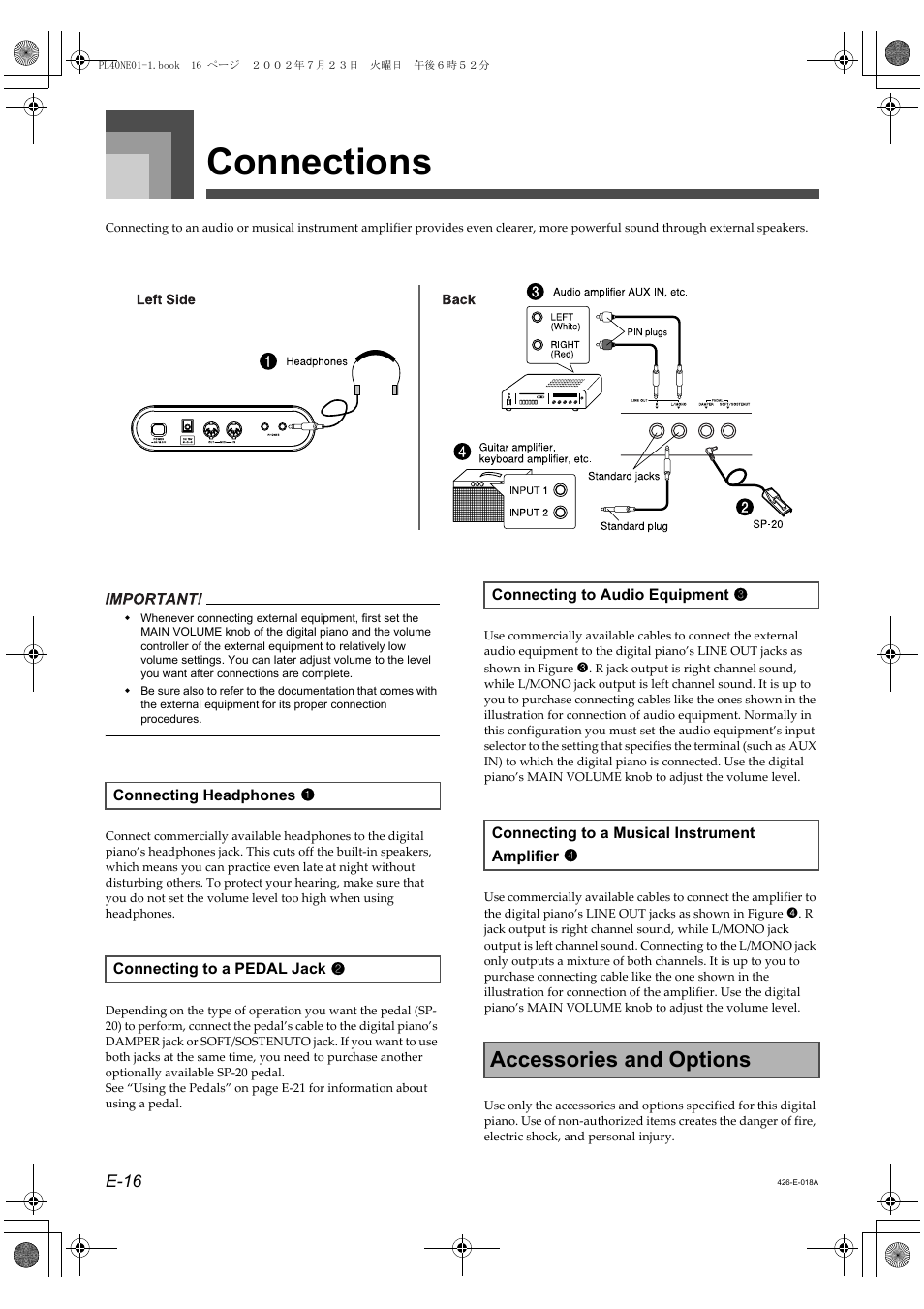 Connections, Accessories and options | Casio PL-40R User Manual | Page 18 / 34