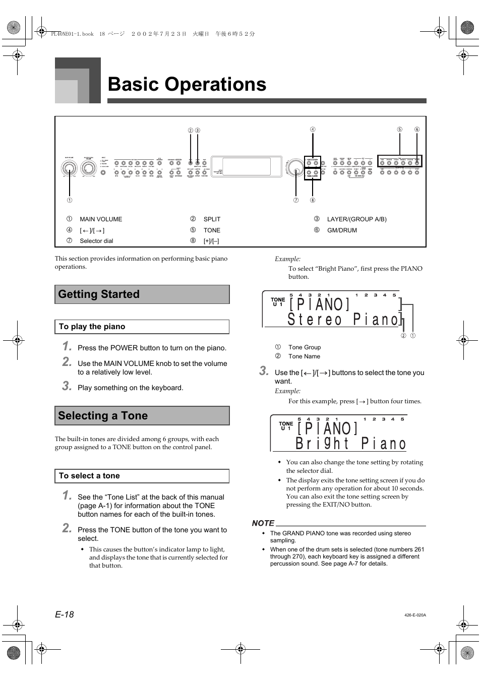 Basic operations, Getting started, Selecting a tone | Casio PL-40R User Manual | Page 20 / 34