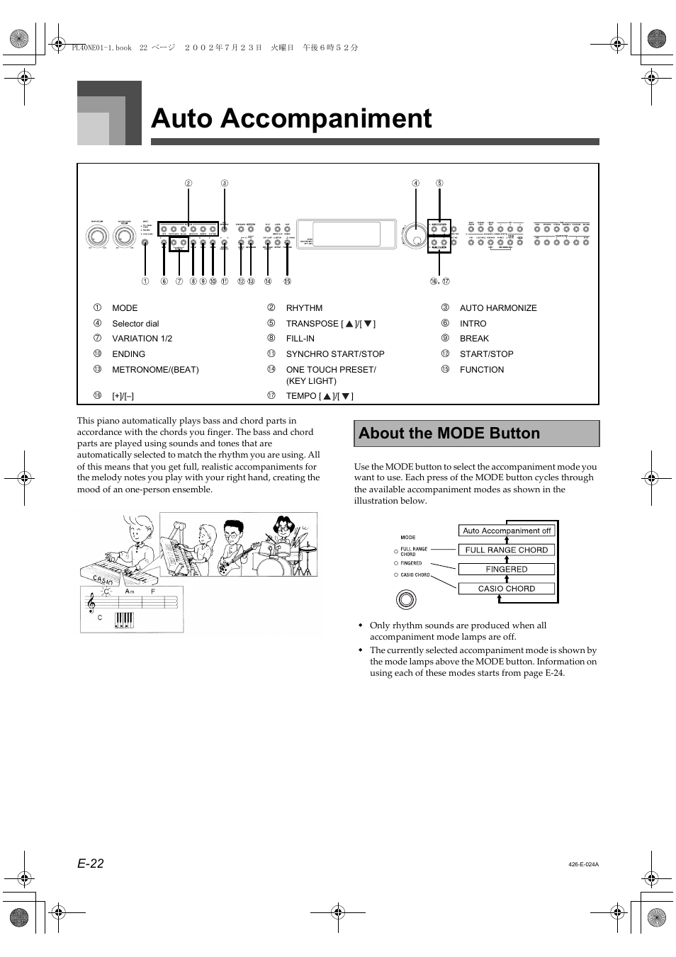 Auto accompaniment, About the mode button, E-22 | Casio PL-40R User Manual | Page 24 / 34