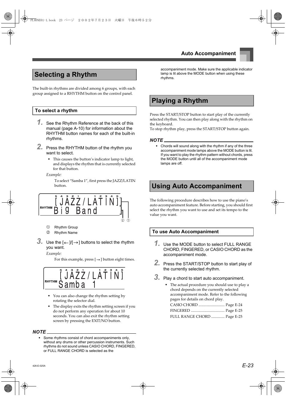 Selecting a rhythm, Playing a rhythm using auto accompaniment | Casio PL-40R User Manual | Page 25 / 34