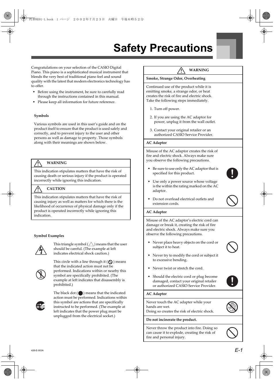 Safety precautions | Casio PL-40R User Manual | Page 3 / 34