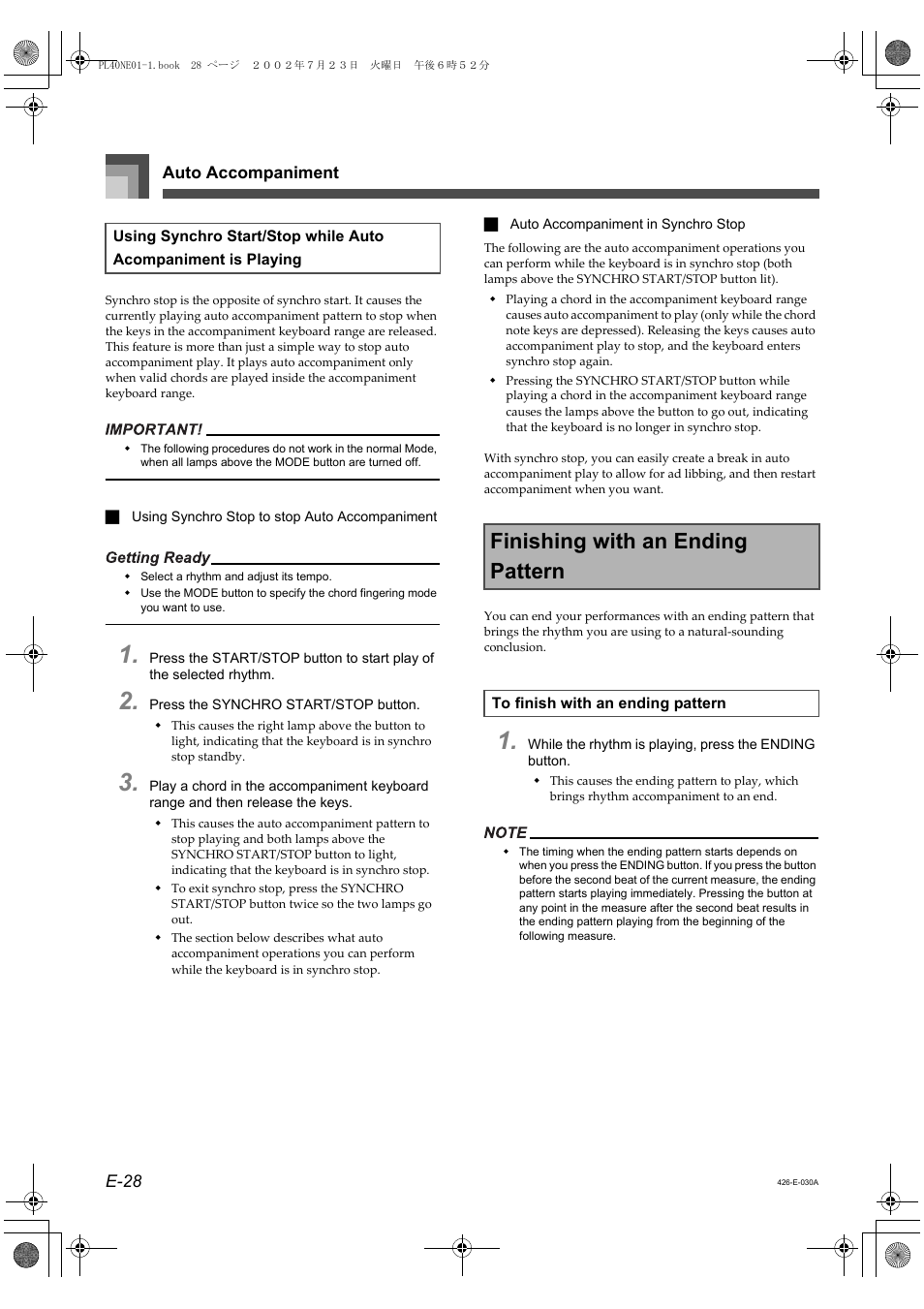 Finishing with an ending pattern | Casio PL-40R User Manual | Page 30 / 34