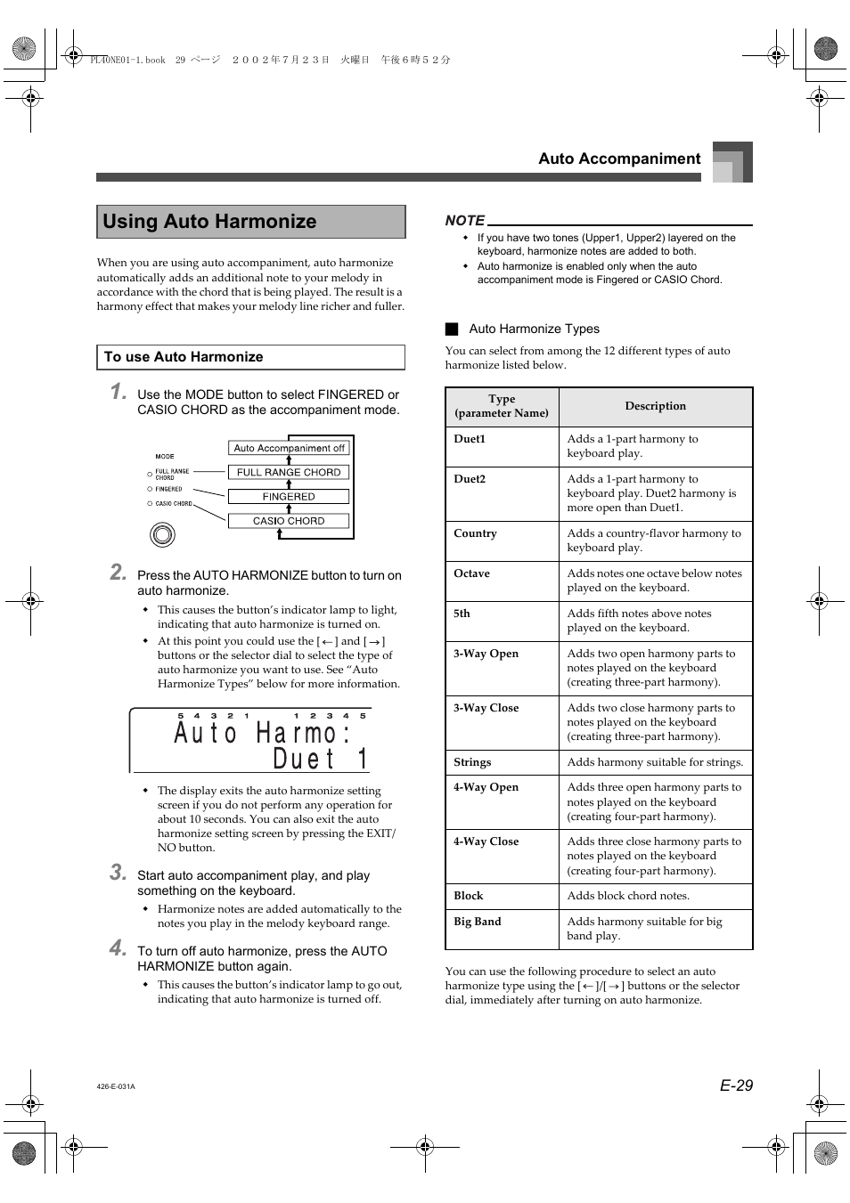 Using auto harmonize, E-29 auto accompaniment | Casio PL-40R User Manual | Page 31 / 34