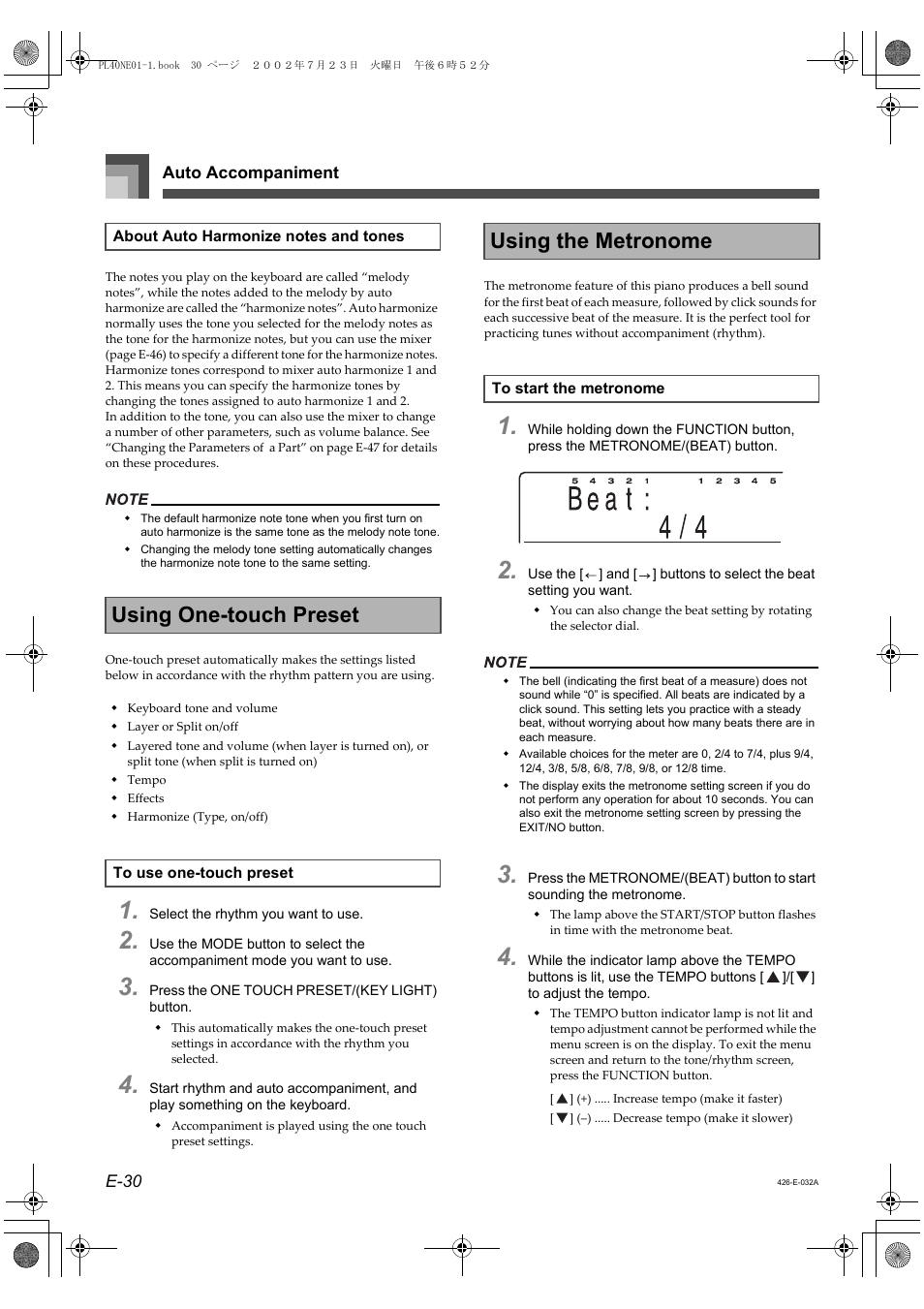 Using one-touch preset, Using the metronome | Casio PL-40R User Manual | Page 32 / 34