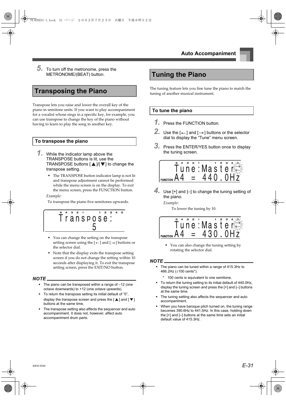 Transposing the piano, Tuning the piano | Casio PL-40R User Manual | Page 33 / 34