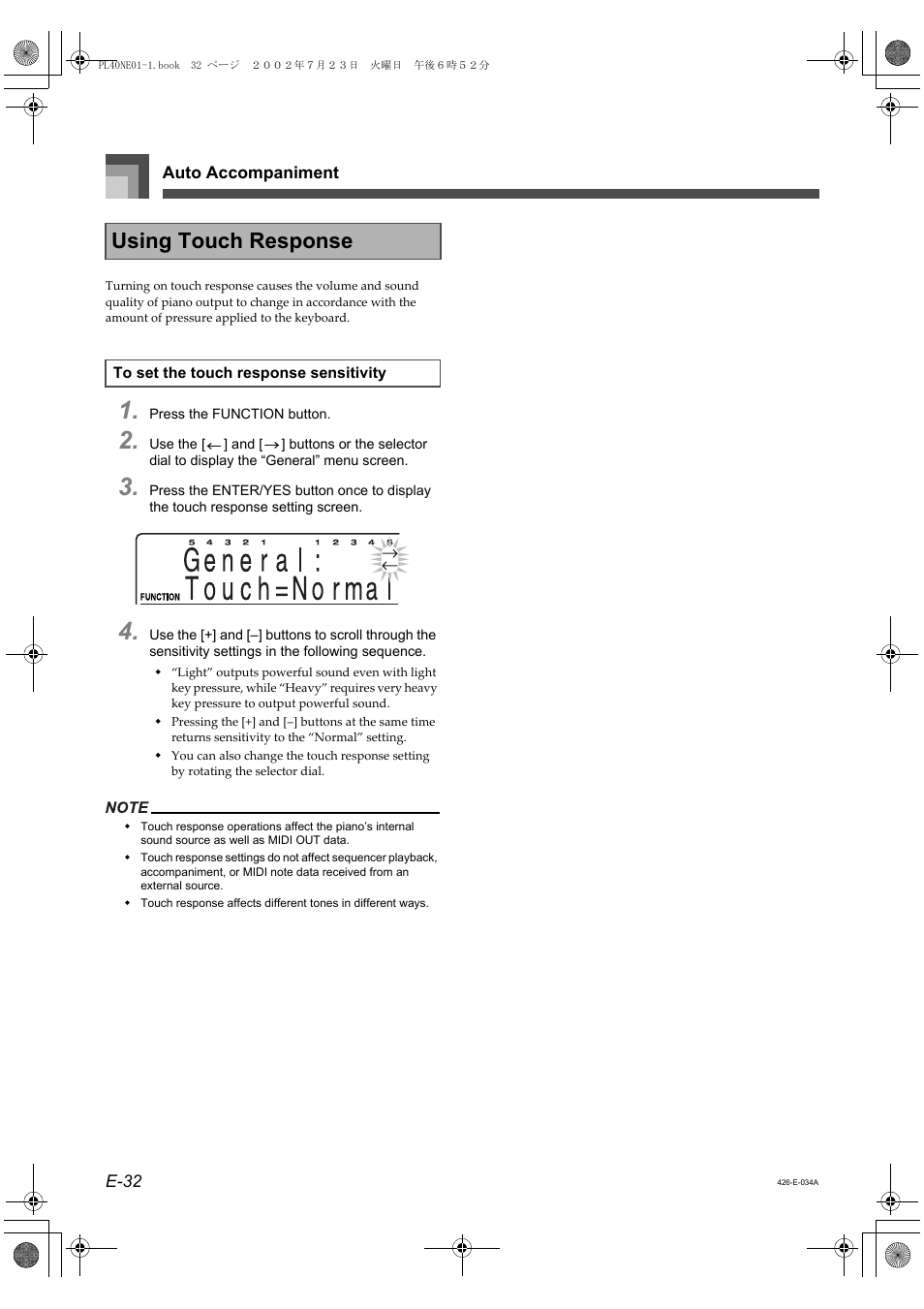Using touch response | Casio PL-40R User Manual | Page 34 / 34
