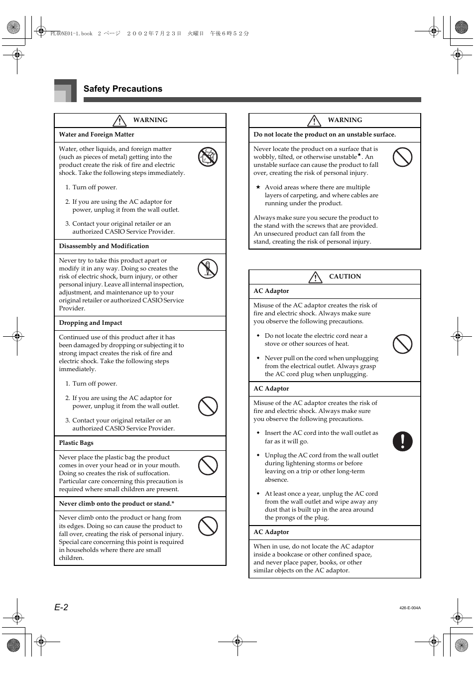 Safety precautions e-2 | Casio PL-40R User Manual | Page 4 / 34