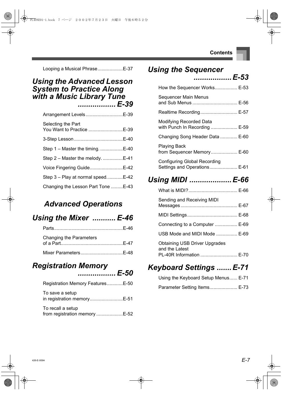 Using the sequencer .................. e-53, Using midi .................... e-66, Keyboard settings ....... e-71 | Casio PL-40R User Manual | Page 9 / 34