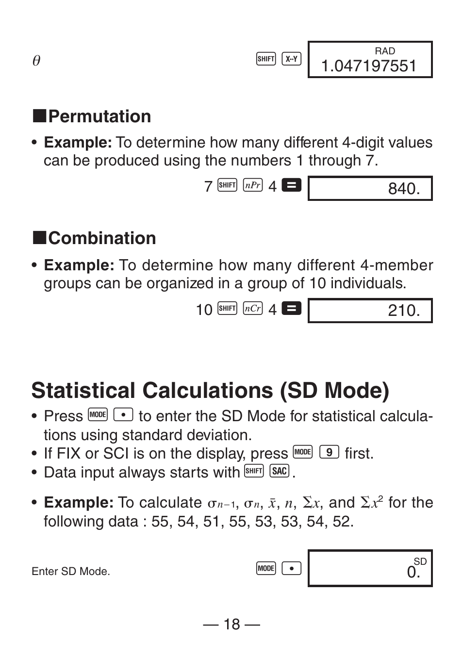 Statistical calculations (sd mode) | Casio FX-260SOLAR User Manual | Page 20 / 38