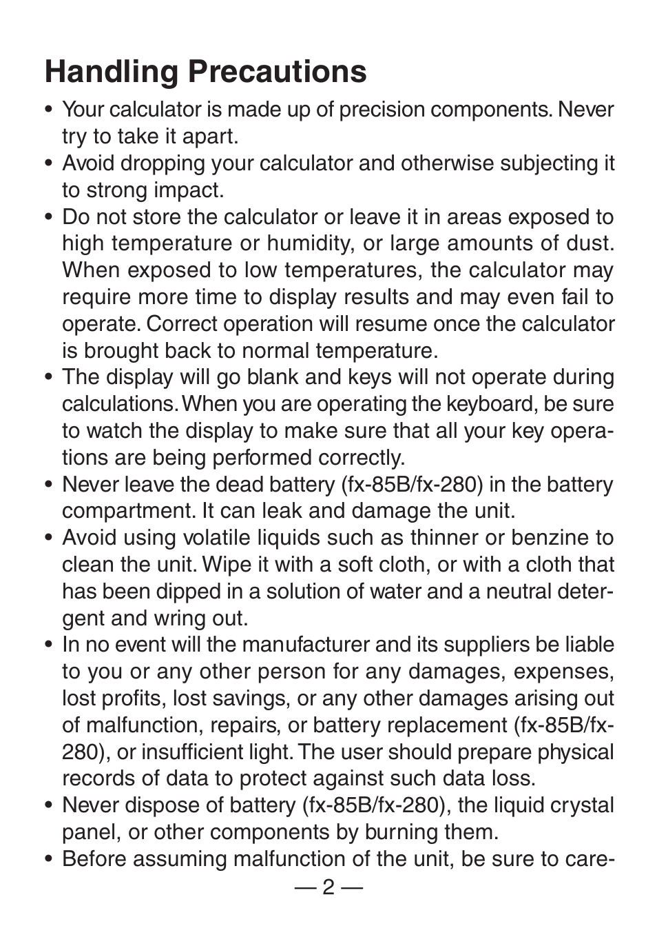 Handling precautions | Casio FX-260SOLAR User Manual | Page 4 / 38