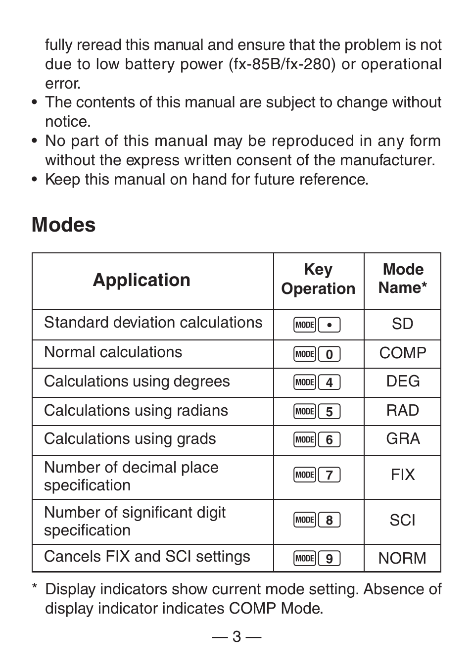 Modes | Casio FX-260SOLAR User Manual | Page 5 / 38