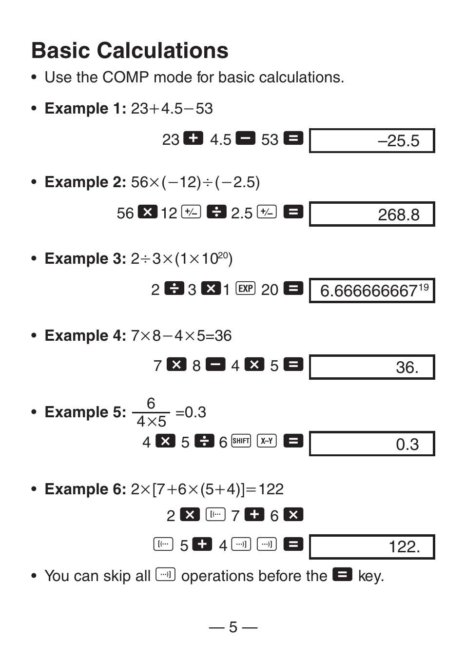 Basic calculations | Casio FX-260SOLAR User Manual | Page 7 / 38