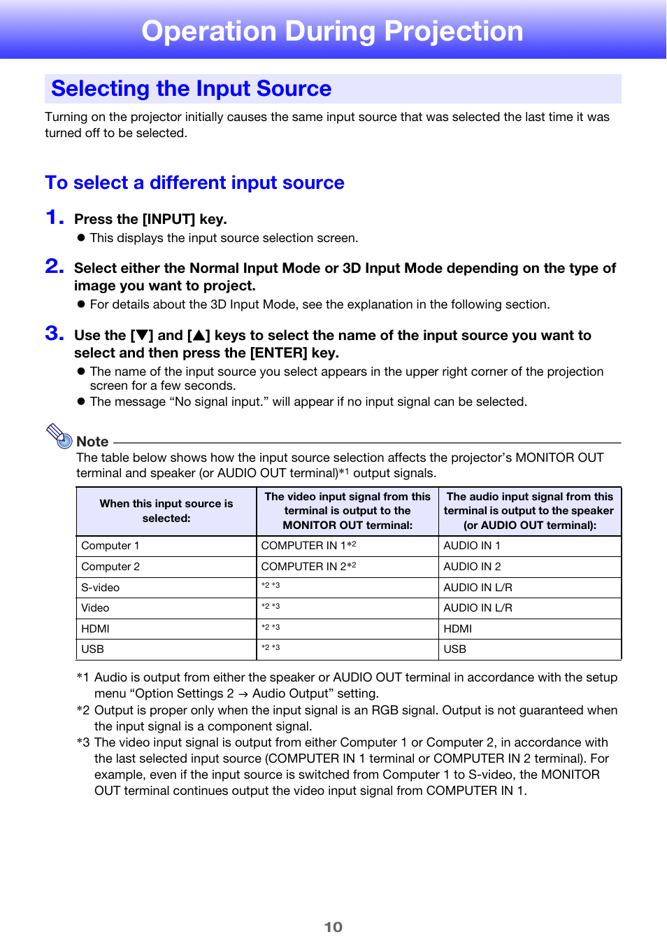 Operation during projection, Selecting the input source, To select a different input source | Casio XJ-H1650  EN User Manual | Page 10 / 64