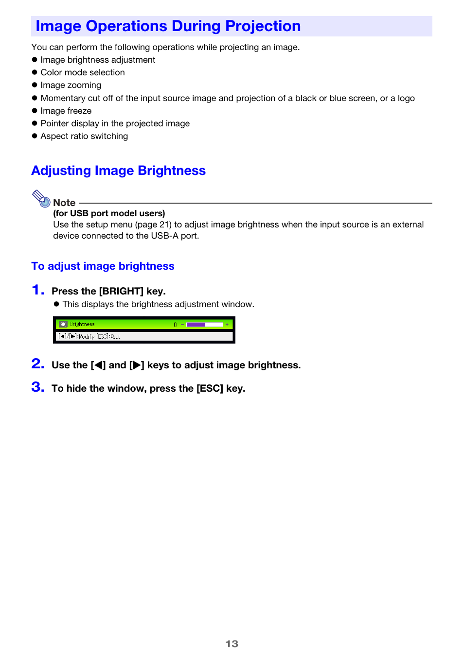 Image operations during projection, Adjusting image brightness | Casio XJ-H1650  EN User Manual | Page 13 / 64
